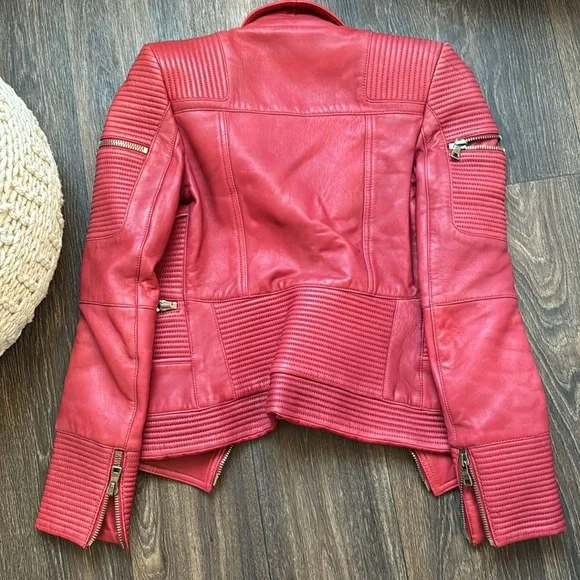 Balmain Red Leather Moto Jacket